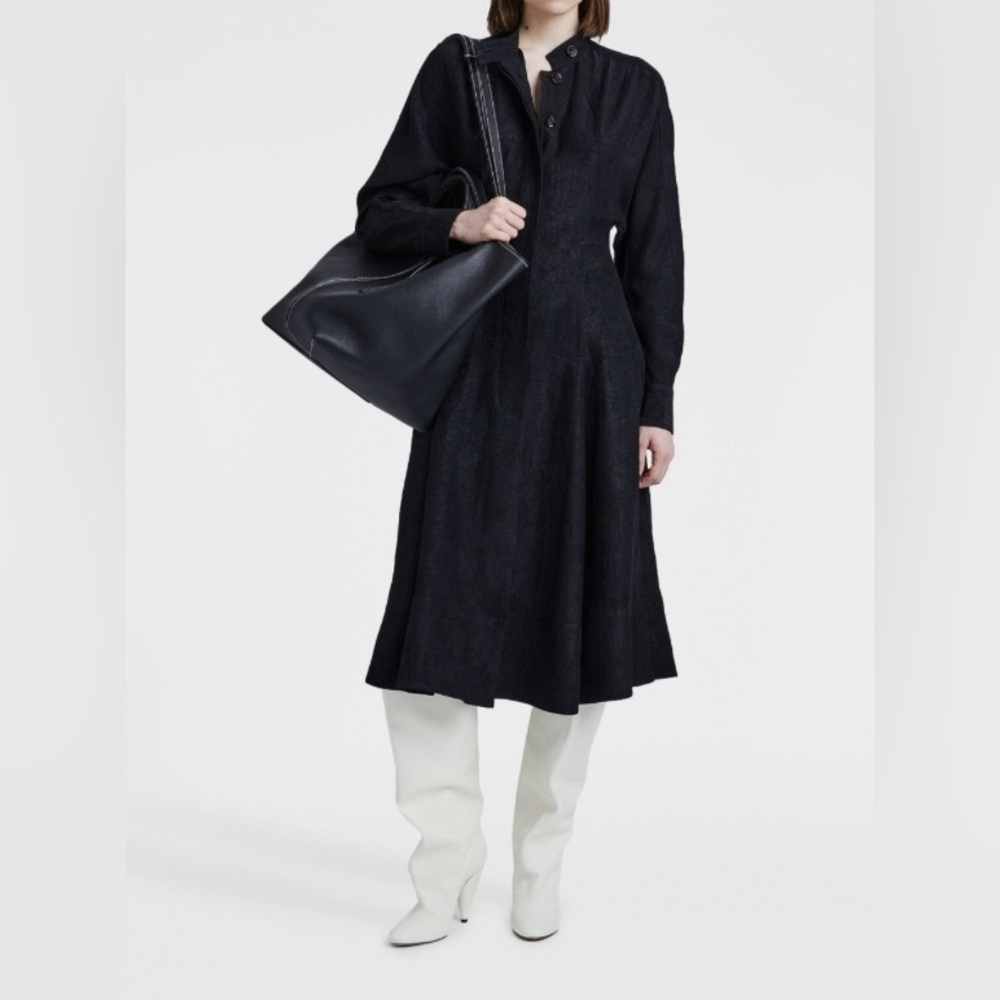 Proenza Schouler Long Sleeve Crushed Matte Satin Shirtdress in Black, Size 8